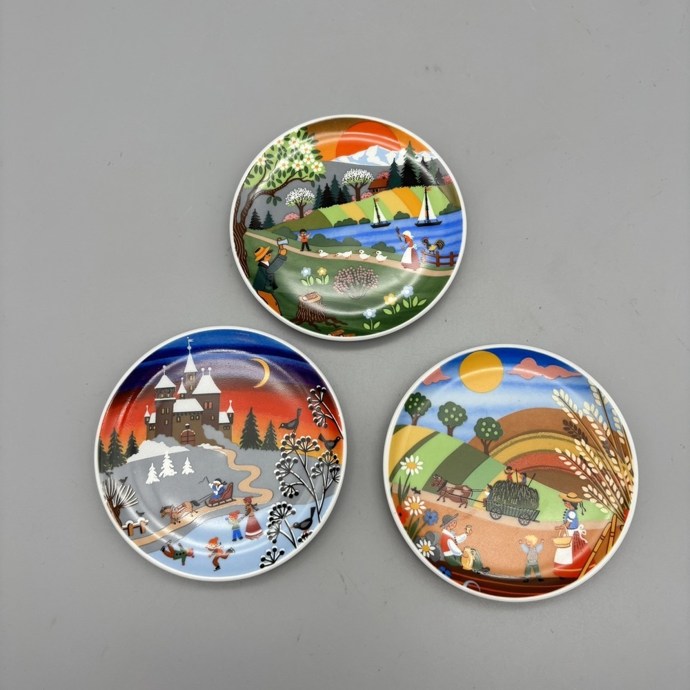 3 Seasons Folk Art Mini Plates Farm Scenes 3.75" Kleiber Plate Wall Trinket Dish